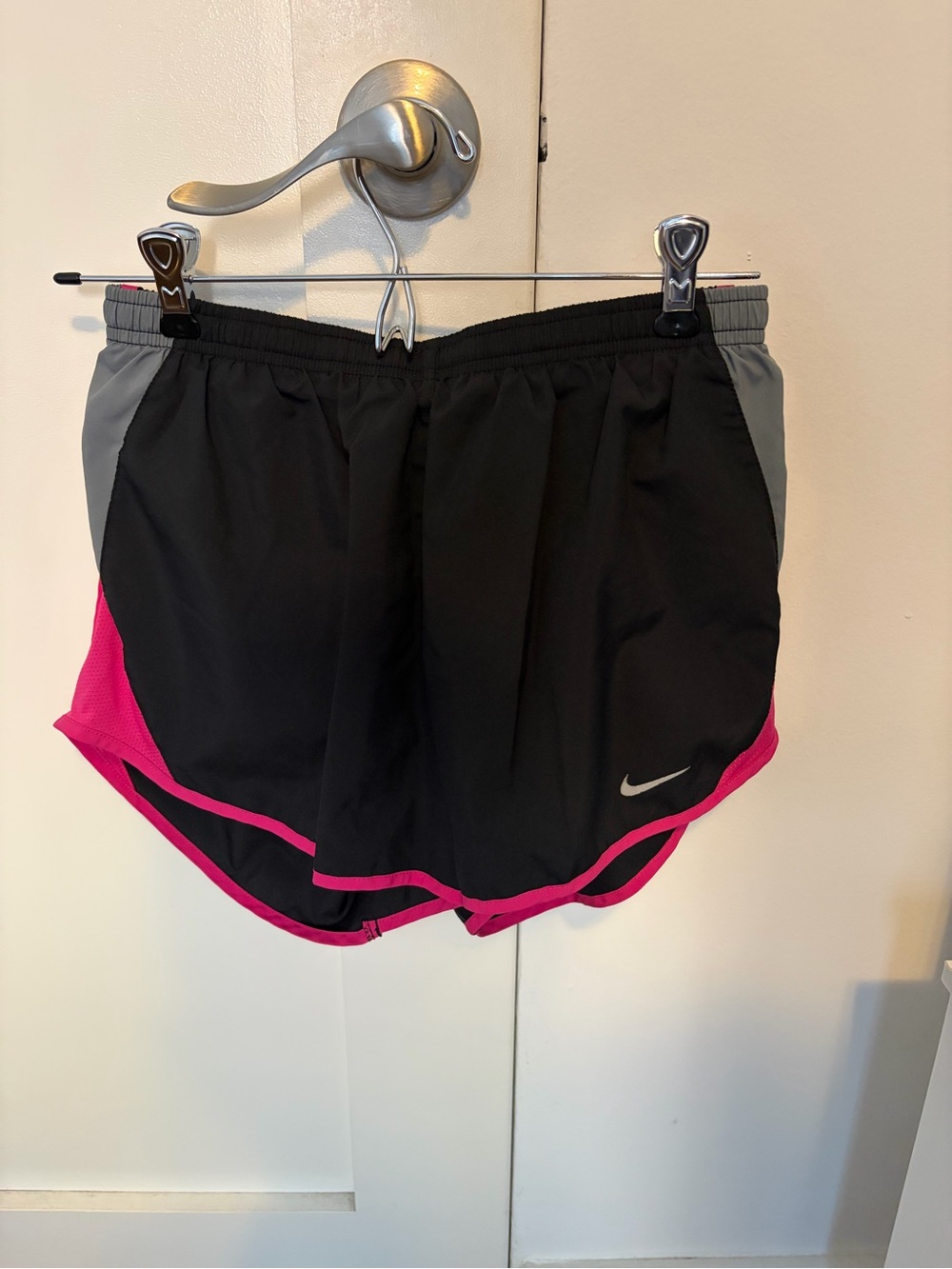Nike Women’s Black and Pink Athletic Running Shorts with Gray Accents